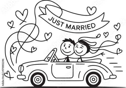 Joyride to Forever: A whimsical depiction of marital bliss unfolds as a newlywed couple embarks on their journey together in a vintage car, surrounded by symbols of love and happiness.