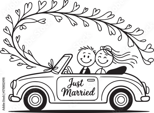 Newlywed joyride : A heartwarming illustration of a newly married couple, embarking on their journey of togetherness in a charming classic car.