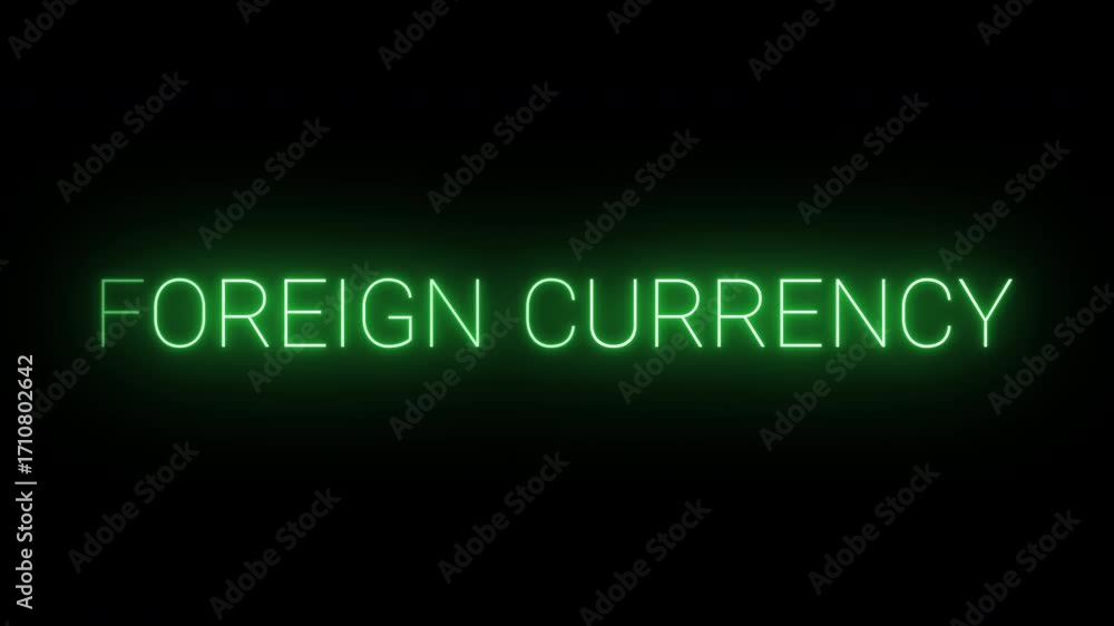 Flickering neon green foreign currency sign animated on black background.
