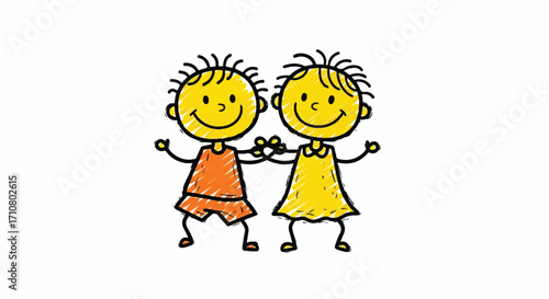 Two cheerful children drawn with crayon, holding hands and smiling while wearing colorful dresses against a clean white background with a joyful mood.