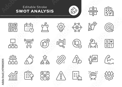 SWOT analysis line icon set. Strengths and weaknesses, disadvantages and advantages, planning, strategy, opportunities, threats and more. Outline icon in linear style. Vector collection.