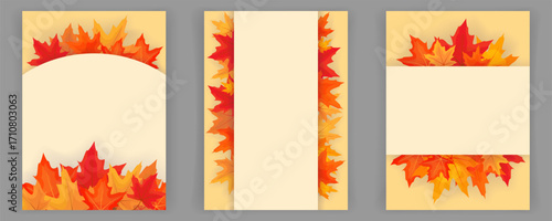 Cards with bright autumn maple leaves. Templates for greetings, invitations, posters, flyers, etc. Vector
