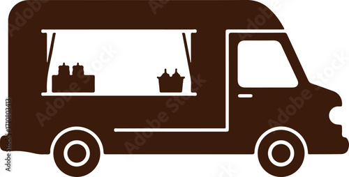 Brown food truck with serving window and items vehicle