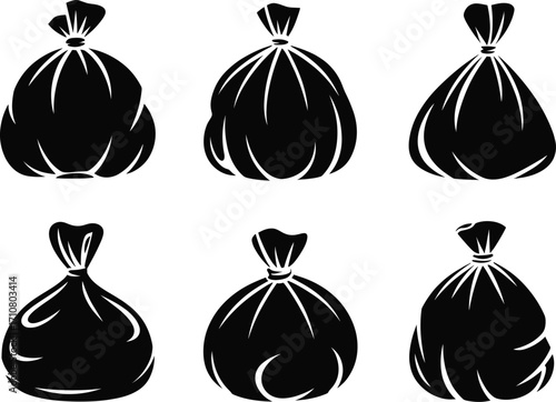 Six different styles of tied black garbage bags in a clean studio setup