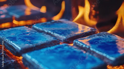 Ceramic kiln firing with pure blue hydrogen flames, glowing tile stacks heated intensely in a controlled high-temperature process, showcasing sustainable clean energy in modern craftsmanship.