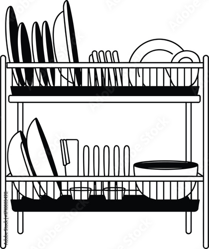 Organized Dishes: Clean plates and cups organized neatly in a drying rack. Evoking a sense of order and cleanliness.