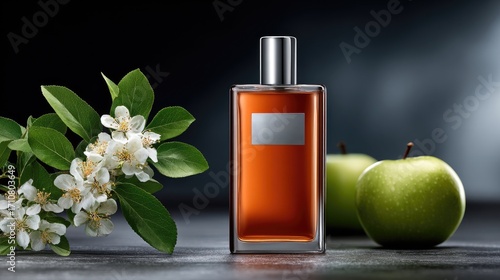 A close-up view of a red perfume bottle elegantly placed among delicate flowers and green apples against a dark background.