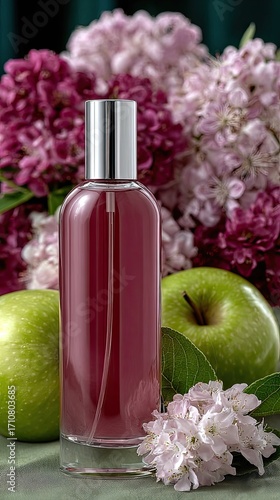 A close-up view of a red perfume bottle elegantly placed among delicate flowers and green apples against a dark background