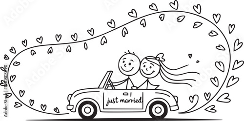 Just Married Joyride: A charming stick figure couple embarks on their happily ever after, driving a vintage car adorned with the words Just Married amid a whimsical garland of hearts.