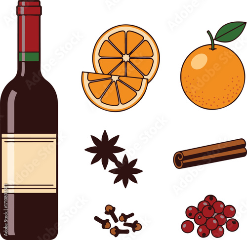 A pixel art illustration depicting the ingredients for mulled wine: a bottle of red wine, orange slices, a whole orange, star anise, cinnamon stick, cloves, and cranberries. Perfect for holiday recipe