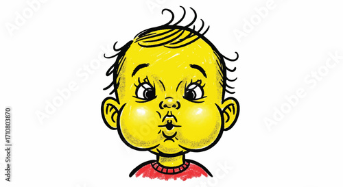 A cartoon illustration of a curious baby holding a crayon with a thoughtful expression on a plain white background.