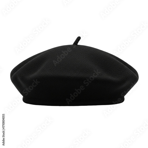 Sophisticated black beret in classic wool felt French artist style versatile fashion accessory on transparent background