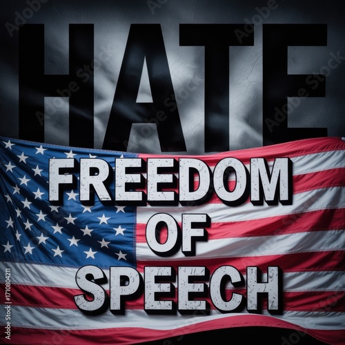Artistic concept representation to represent hate speech protected by 1st amendment of constitution with flowing United States of America flag over the word hate and Freedom of Speech text on it