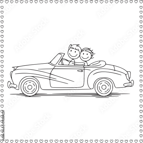 Joyful Journey: A charming sketch of a couple joyfully cruising in a vintage convertible, embarking on a romantic road trip, framed by a delicate border.