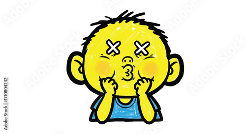 A cartoon boy with a crayon drawing on his face covering his mouth with both hands looking mischievous on a white background with a playful mood.