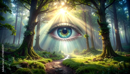A vibrant, mystical forest path, illuminated by sunlight, leads to a serene, blue eye that seems to watch over the scene.