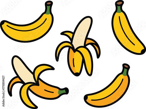 Five cartoon bananas fresh yellow fruit healthy food snack sweet tropical delicious