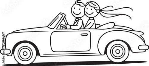 Newlywed Joyride: A delightful illustration captures a joyous moment as a newly married couple embarks on their journey of a lifetime in a classic convertible.