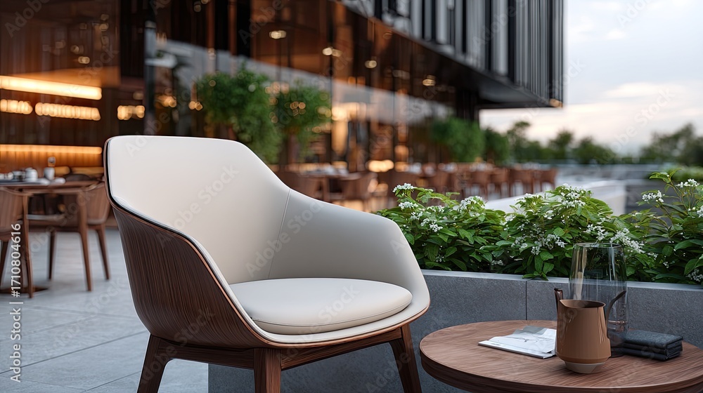 Fototapeta premium Soft fabric chairs circle a round table in a cozy dining area, enhanced by modern art and inviting ambient lighting