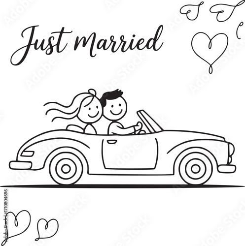 Just Married: Joyful couple celebrate their new chapter in a classic car, embracing love, happiness and togetherness after ceremony. 
