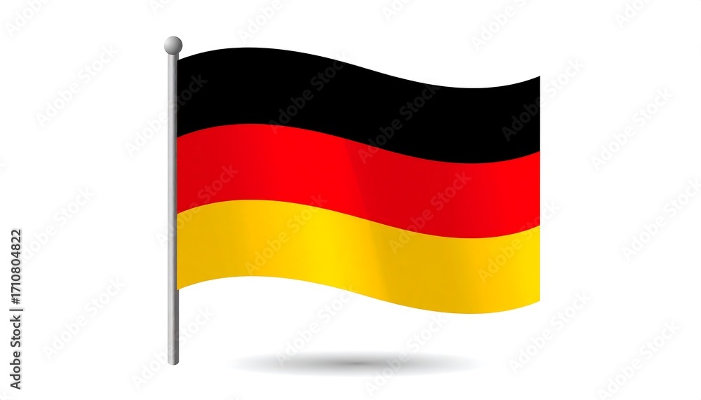 Naklejka premium A digitally rendered depiction of the German flag, exhibiting the black, red, and gold tricolor design, waving gently on a flagpole against a plain white backdrop.