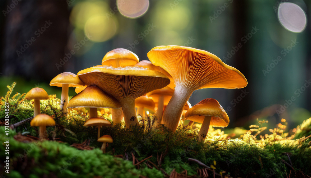 Fototapeta premium Vibrant Yellow Mushrooms Growing On Lush Forest Floor
