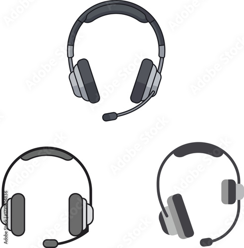 Vector art of three headsets with microphone for communication and support on a transparent background