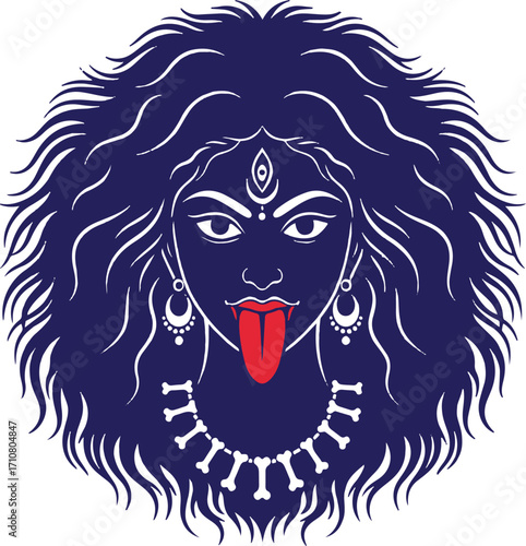 Illustration Of Hindu Goddess Kali With Dark Blue Hair And Red Tongue hinduism divine