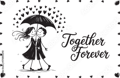 Together Forever: Romantic drawing of a couple under umbrella, surrounded by love hearts, and the handwritten message Together Forever, perfect for expressing enduring love and commitment.