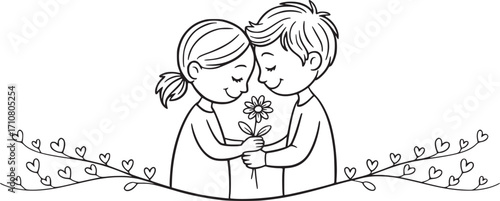 Embracing Serenity: Two figures, in an embrace, share a moment, clutching a delicate flower together, symbolizing shared love and unity. 
