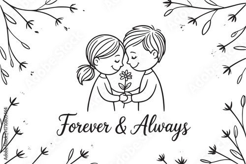 Everlasting Embrace: A tender illustration of two figures, embraced and sharing a flower, epitomizing the enduring bond of love, beautifully complemented by the elegant inscription Forever & Always.