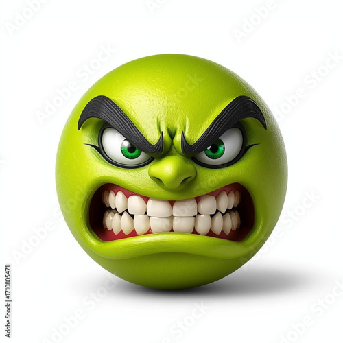 3D Grinning Green Emoji with Bared Teeth and Shadow