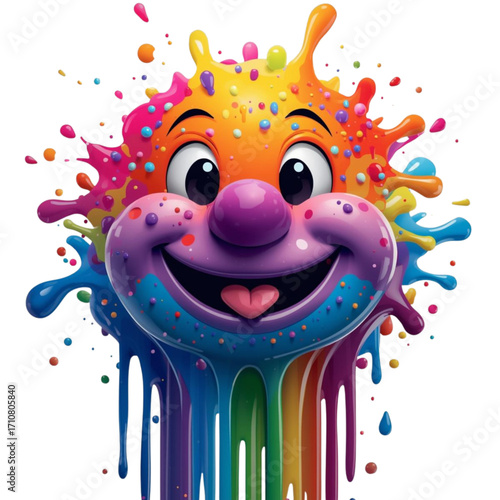Colorful Paint Splatter Character with Happy Face on Black Background