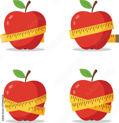 Vector art of four red apples wrapped with yellow measuring tape, on a transparent background