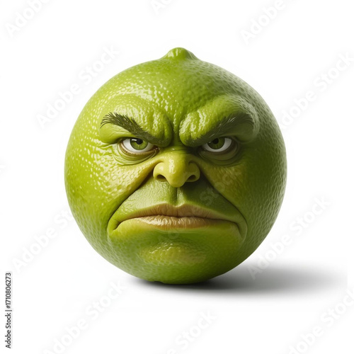 Sour Lime Character with Furious Expression on White Background
