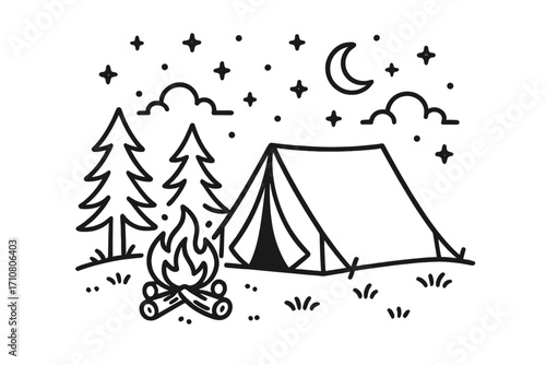 Camping adventure line art. Tent and campfire under a starry night sky. Outdoor nature forest wilderness landscape. Monoline vector icon illustration doodle sketch logo.