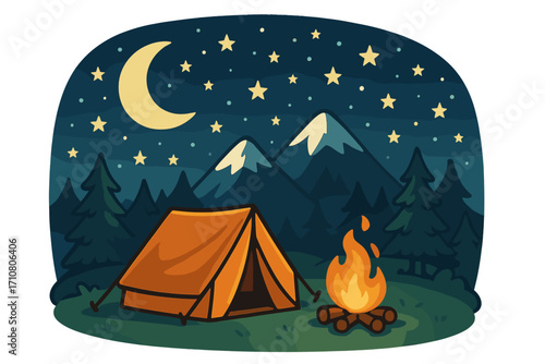 Night camping scene with tent and campfire in mountains under starry sky. Vector cartoon illustration of outdoor adventure, hiking, and travel in nature. Summer camp concept.