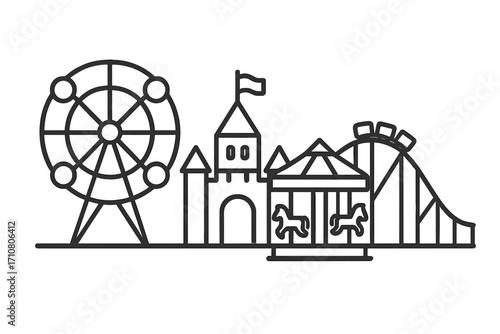 Amusement park landscape with ferrris wheel, roller coaster, and carousel. Funfair or carnival concept illustration. Vector linear outline icon set for entertainment and recreation.