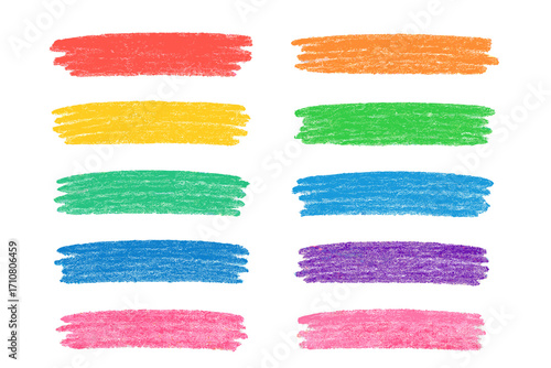 Hand drawn crayon brush stroke collection. Colorful childish chalk underline & highlight set. Rough textured kid art pen strokes for accent or emphasis. Rainbow vector pack.