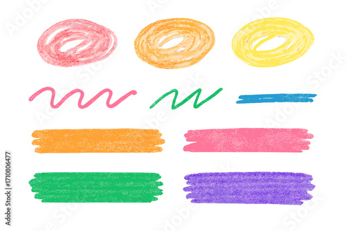 Colorful hand drawn scribbles and highlighter marks. Set of crayon and chalk strokes, rough texture lines, and artistic pencil dividers. Vector doodles and squiggles collection.