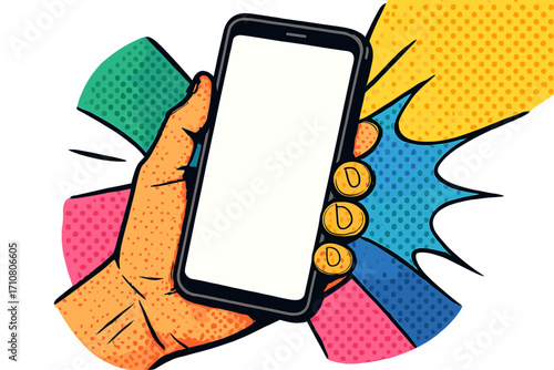 Pop art comic hand holding smartphone with blank screen for mockup. Mobile phone display for business or app advertising. Online earning, payment concept with coins. Halftone vector.