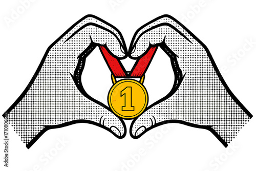 Pop art halftone hands in heart gesture holding a first place gold medal. Business success, sport victory, goal achievement. Winner, champion, award, number one prize concept.