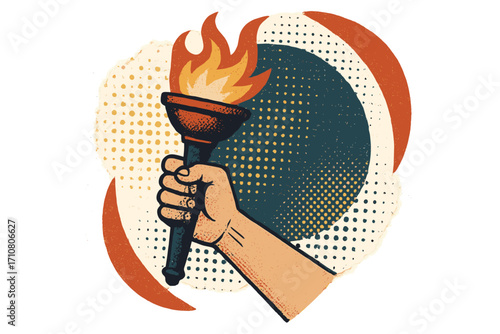 Hand holding burning torch, symbol of Olympic games, hope, and victory. Retro halftone illustration of a flaming torch. Metaphor for freedom, spirit, and sports competition.