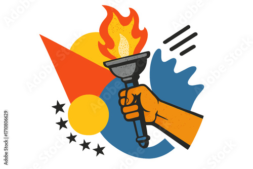 Burning torch in hand, a symbol of Olympic games, sports, and victory. Retro pop art collage with halftone texture. Concept of freedom, spirit, power, and competition.