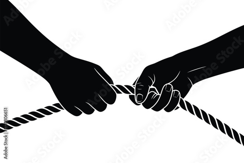 Two silhouetted hands grasping a thick rope in a tug of war