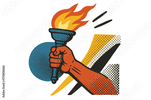 Hand with burning torch vector concept. Sports game, victory, and competition symbol. Retro halftone collage style illustration. Metaphor for freedom, protest, and power.