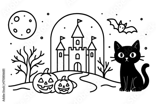Spooky Halloween scene with black cat, haunted castle, and pumpkins. Cute cartoon line art vector illustration. Set of gothic icons with jack o'lantern, bat, scary tree, and full moon.