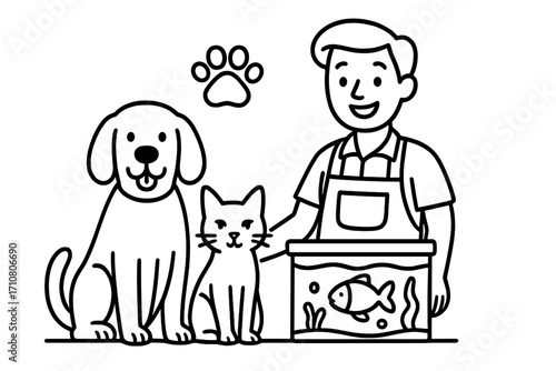 Pet shop attendant with dog, cat, and fish in an aquarium. Vector line art concept for pet care, animal shelter, or vet clinic. Happy cartoon character with pets.