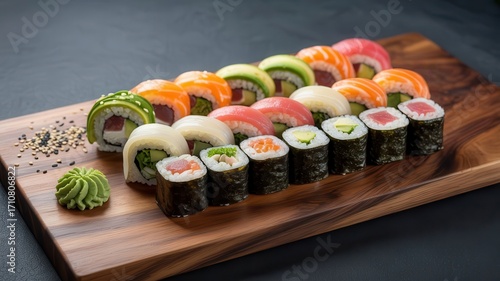 Wallpaper Mural Assorted sushi rolls on wooden serving board
 Torontodigital.ca