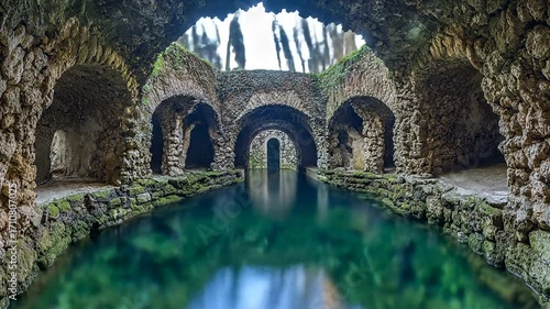 Serene, ancient stone aqueduct with a tranquil, clear pool reflecting the surroundings.